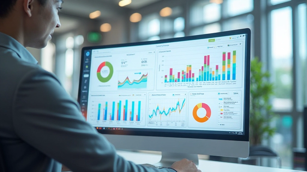 Success dashboard showing online store metrics, conversion rates, and sales analytics with colorful charts and graphs