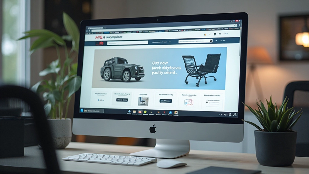 Computer monitor displaying colorful webstore interface with navigation menu, product categories, and checkout buttons