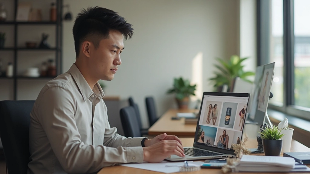 Person working on laptop displaying product photography setup with multiple angles and zoom feature