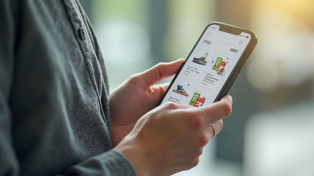 Mobile phone displaying a mobile-optimized online shop interface with product grid and checkout flow