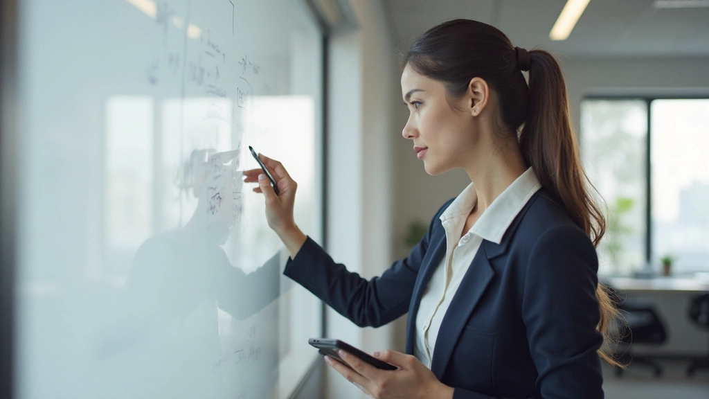 Strategic planning session with business goals written on whiteboard and strategy document