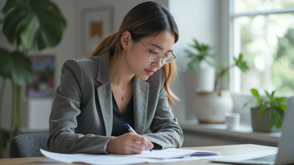 Person reviewing research notes and customer insights with laptop and notebook on clean workspace